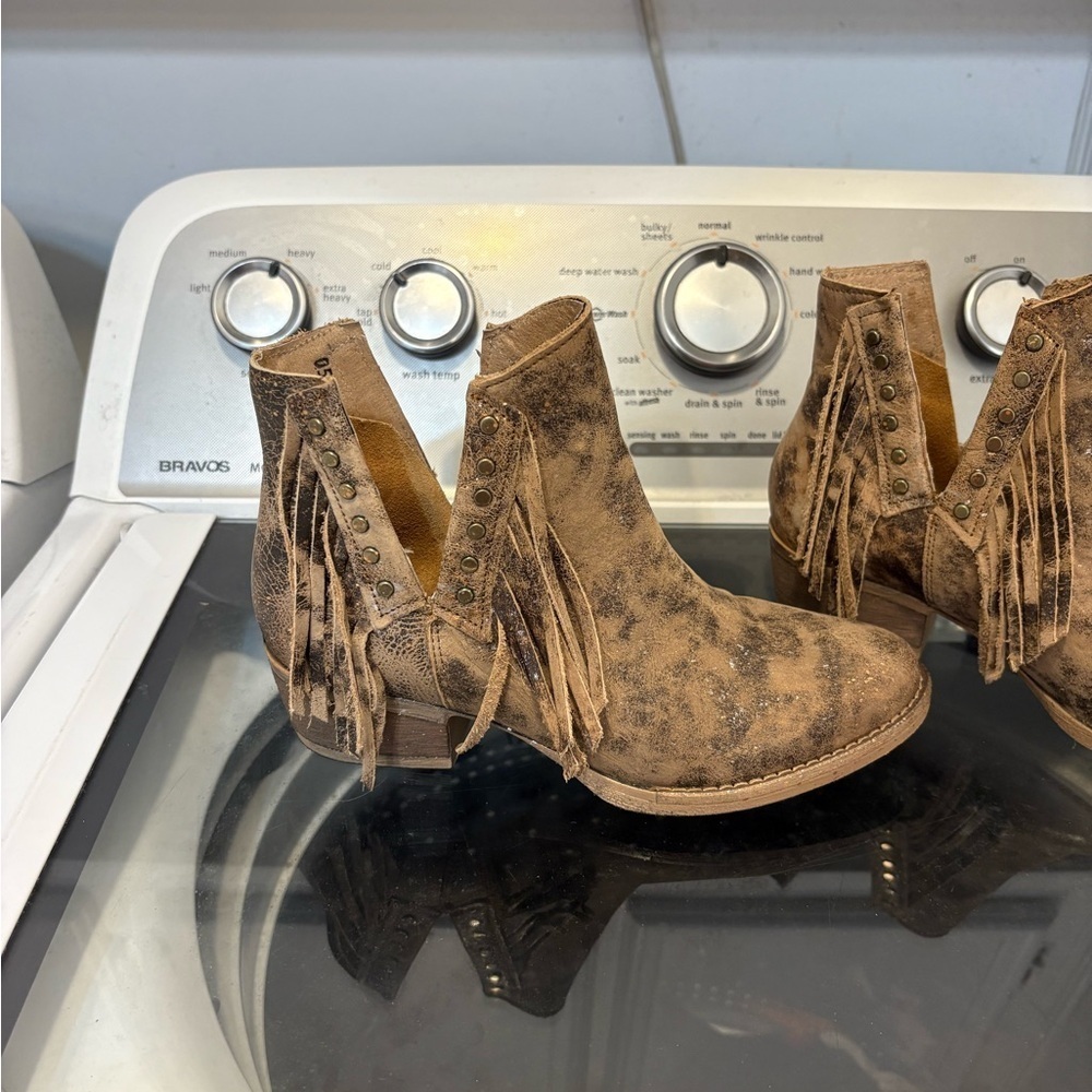 Circle G by Corral Studded Fringe Leather Ankle Boots - Brown - Picture 2 of 11